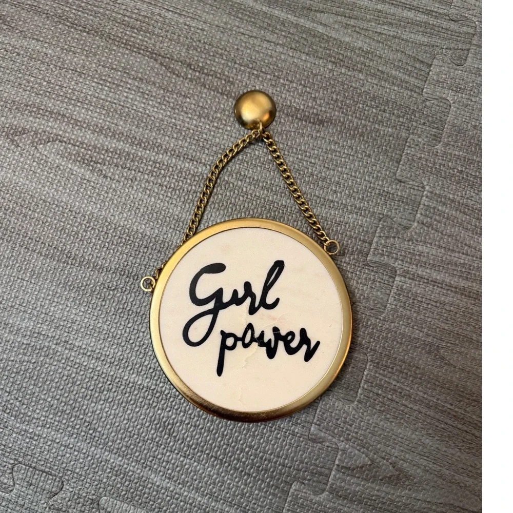 Girl Power Marble Wall Plaque Gold Chain Hanging Decor 5 Inch Round Stone Art